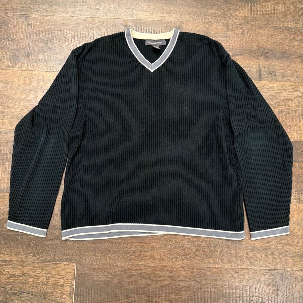 Banana Republic Mens Large V Neck Ribbed Sweater Black Contrast Trim Preppy